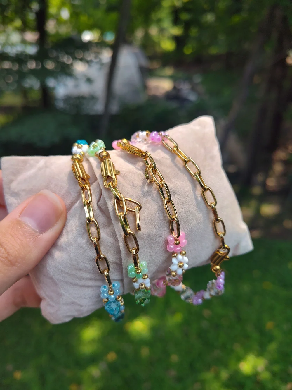 Handcrafted Beaded Flower Bracelets - Pink, Green, Blue, Lavender
